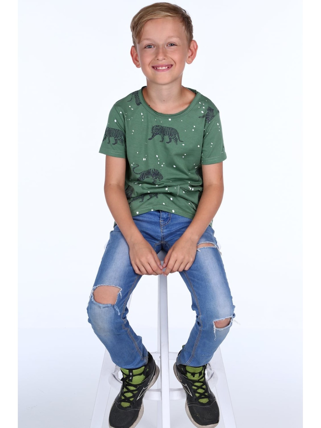 Jungen-T-Shirt mit Tiger-Print, dunkelgrün NDZ4504 – Online-Shop – Boutique